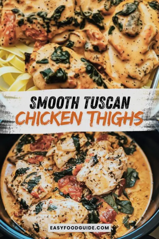 tuscan-chicken-thighs-1 Creamy Tuscan chicken thighs on pasta with spinach and sun-dried tomatoes, garnished with Parmesan cheese.