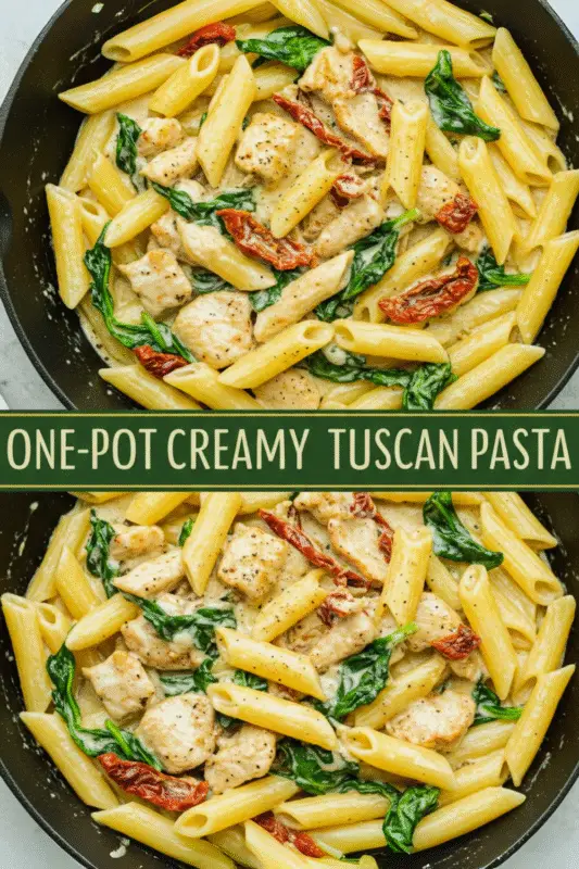 tuscan-pasta-1 A bowl of One-Pot Creamy Tuscan Pasta with chicken, sun-dried tomatoes, and spinach, garnished with Parmesan cheese.