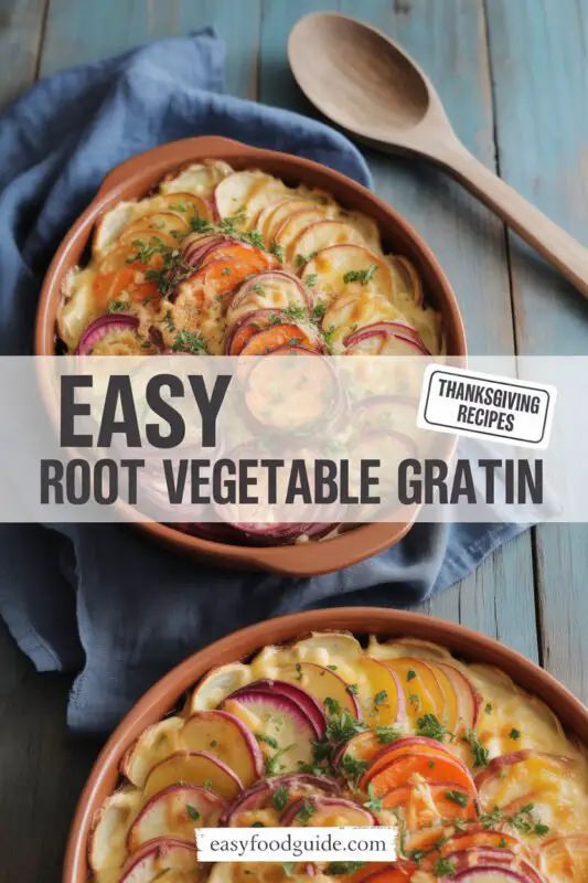 root vegetable gratin in a terracota dish as one of your thanskgiving recipes