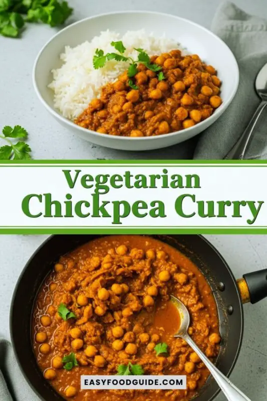 vegetarian-chickpea-curry-1 A bowl of creamy chickpea curry with spinach and coconut milk, garnished with cilantro, served with rice on a rustic table.