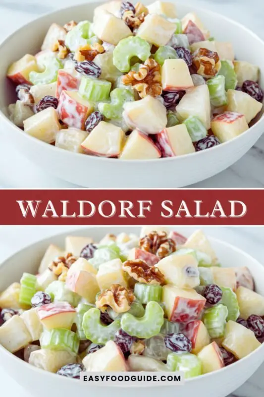 waldorf-salad-3b A colorful Waldorf Salad with apples, celery, and nuts in a creamy dressing, garnished with parsley.