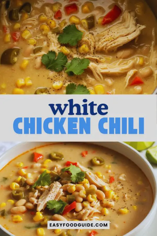 white-chicken-chili-1 A bowl of creamy white chicken chili with chicken, beans, corn, and peppers, garnished with cilantro and tortilla chips.