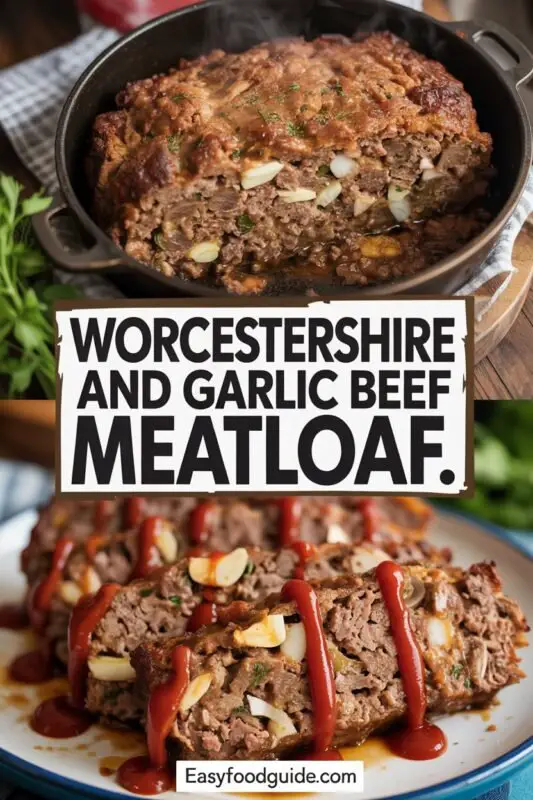 Sliced meatloaf topped with ketchup, served with mashed potatoes and green beans on a wooden board.