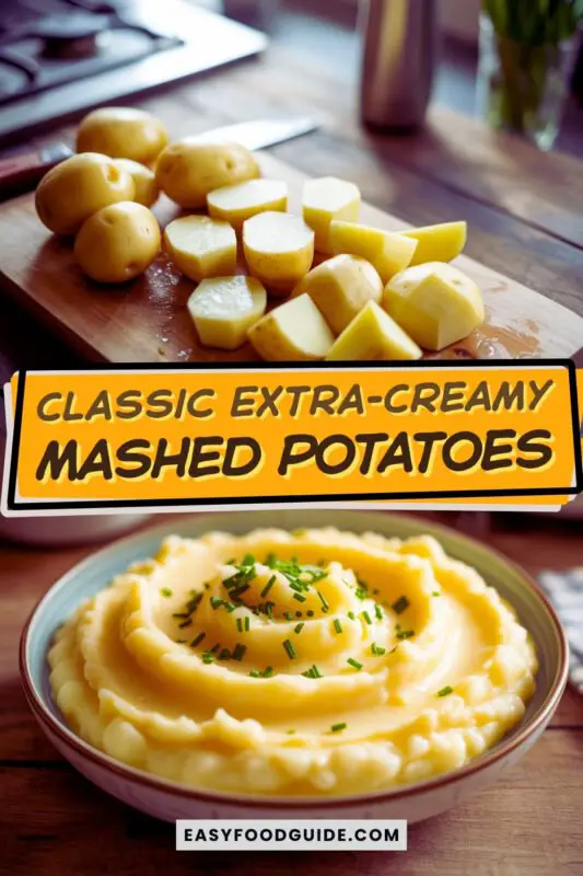 xtra-creamy-mashed-potato-2 A bowl of creamy mashed potatoes garnished with chives, with butter melting on top, on a rustic table.