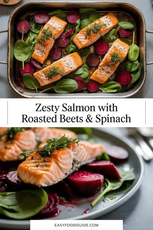 This vibrant dish pairs tender roasted salmon fillets with earthy roasted beets and fresh spinach for a colorful, nutrient-rich meal.