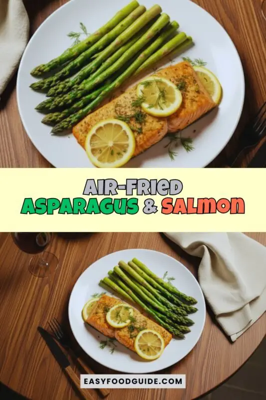 air-fried-asparagus-salmon-1 Air-fried salmon fillets with crisp asparagus, garnished with lemon wedges on a rustic table.
