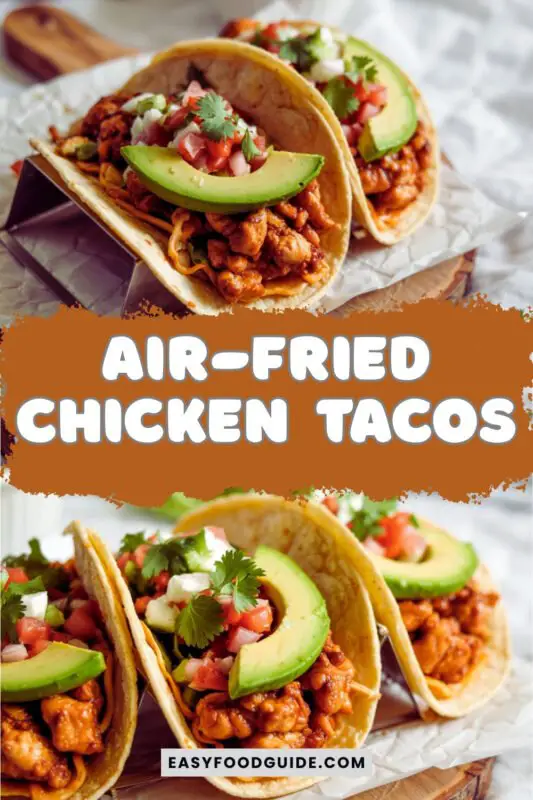 air-fried-chicken-tacos-1 Crispy air-fried chicken tacos with salsa and avocado on a rustic wooden board.
