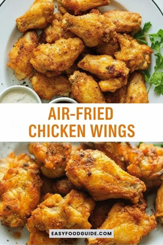 air-fried-chicken-wings-1 Crispy air-fried chicken wings served with dipping sauce on a rustic table.