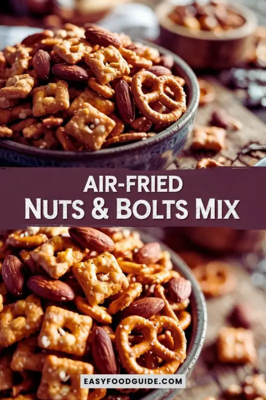 air-fried-nuts-and-bolts-mix-1 Rustic bowl of air-fried nuts and bolts mix with pretzels, cereal, and nuts, styled with a linen napkin.