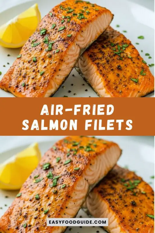 air-fried-salmon-filets-2 Air-fried salmon filet garnished with herbs and lemon on a rustic wooden table.