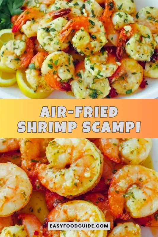 air-fried-shrimp-scampi-3a Air-fried shrimp scampi with garlic butter sauce, garnished with parsley and lemon, served with pasta and salad.