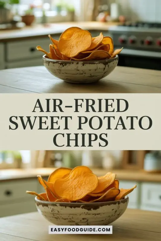 air-fried-sweet-potato-chips-1 A bowl of crispy Air-Fried Sweet Potato Chips garnished with rosemary and sea salt on a wooden table.