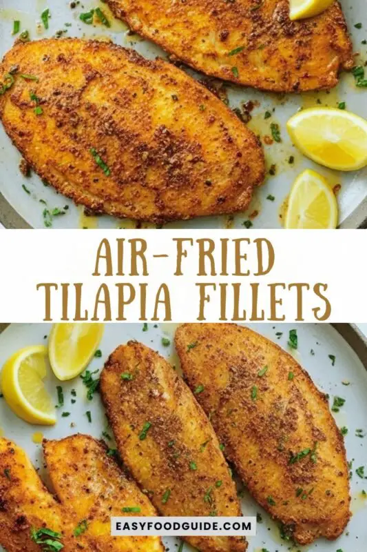 air-fried-tilapia-1 Crispy air-fried tilapia fillets on a plate with lemon wedges and parsley.