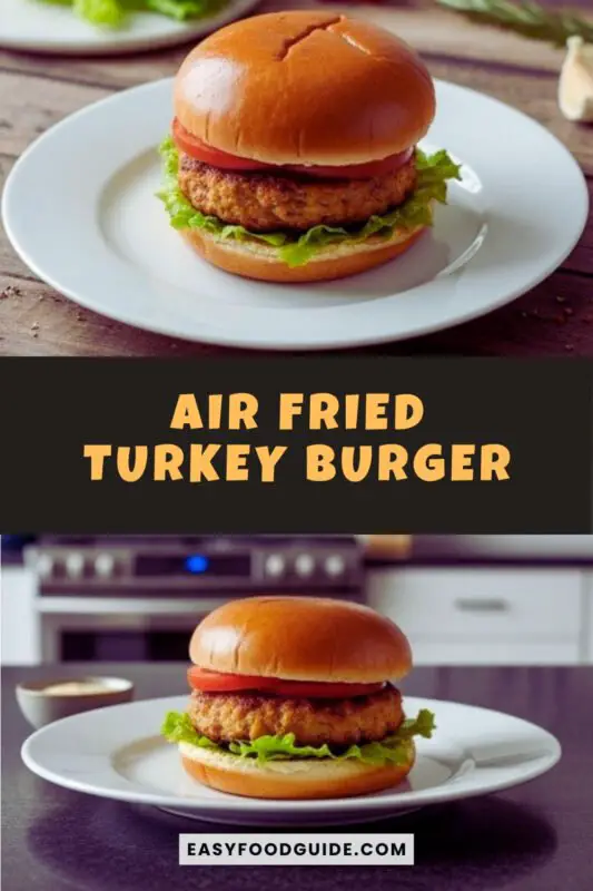 air-fried-turkey-burgers-1 Juicy air fryer turkey burger on a whole wheat bun with lettuce and tomato, served with sweet potato fries.