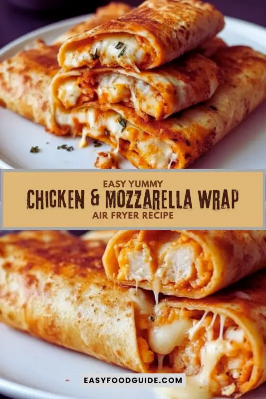 Crispy chicken and mozzarella wrap from the air fryer, garnished with herbs, served with dipping sauce.