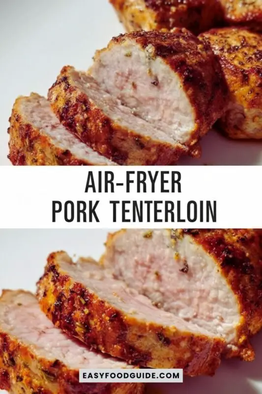 air-fryer-pork-tenderloin--1 Sliced air-fryer pork tenderloin on a wooden board with roasted vegetables and herbs.