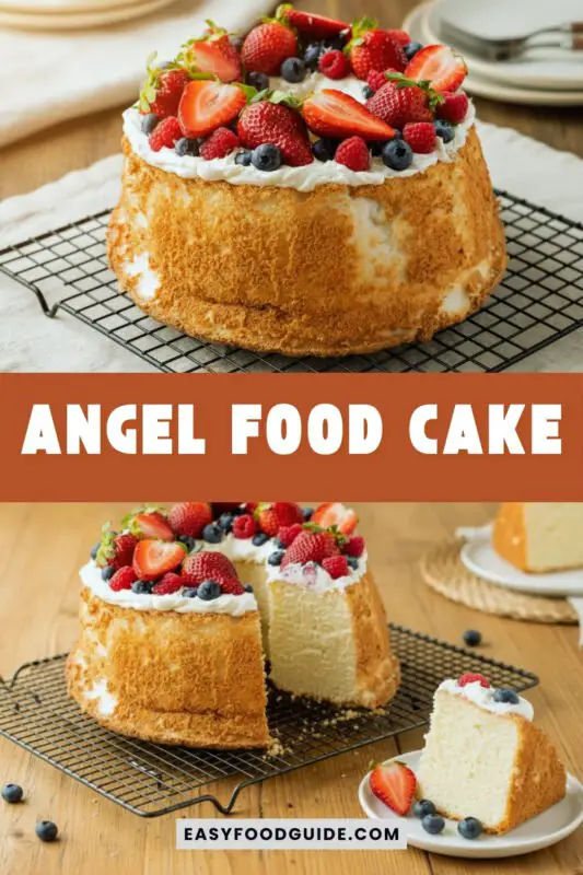angel-food-cake-1 Angel Food Cake on a white stand topped with fresh berries, styled with a linen napkin and vintage fork.