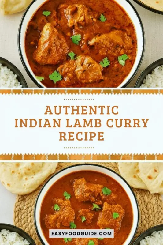 authentic-lamb-curry-1 A bowl of authentic Indian lamb curry with cilantro, served with naan and rice.