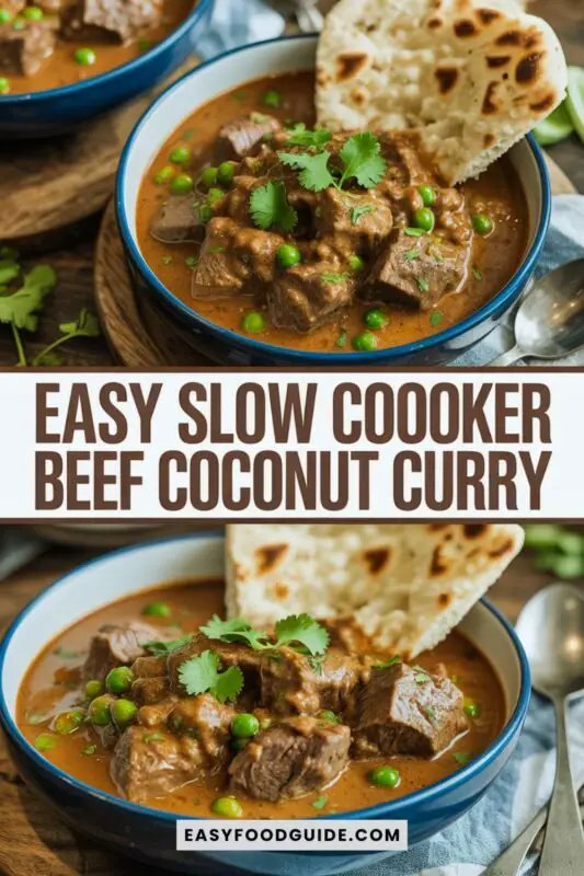 beef-coconut-curry-1 A hearty bowl of beef coconut curry with peas and cilantro, served with naan on a rustic table.