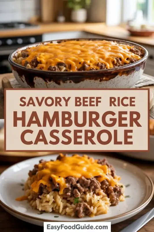 A cheesy beef rice casserole with melted cheddar cheese, served in a rustic dish on a wooden table.