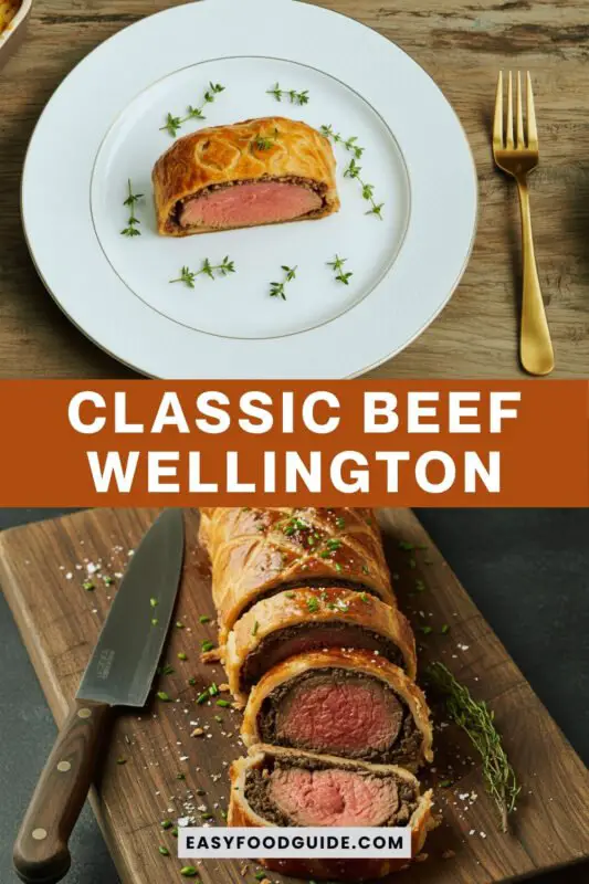 beef-wellington-3 A slice of Classic Beef Wellington on a plate, garnished with thyme, served with vegetables and sauce.