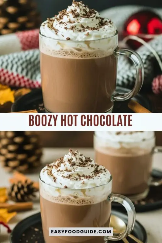 boozy-hot-chocolate-6 A cozy mug of boozy hot chocolate with whipped cream and chocolate shavings, perfect for cold weather.