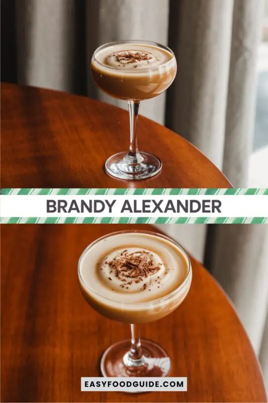 brandy-alexander-2 A classic Brandy Alexander cocktail in a coupe glass, garnished with nutmeg and chocolate shavings, on a wooden table.