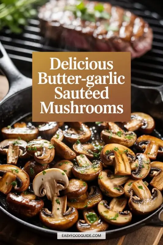 Sautéed garlic mushrooms in a skillet, garnished with parsley, served as a side dish for steak.