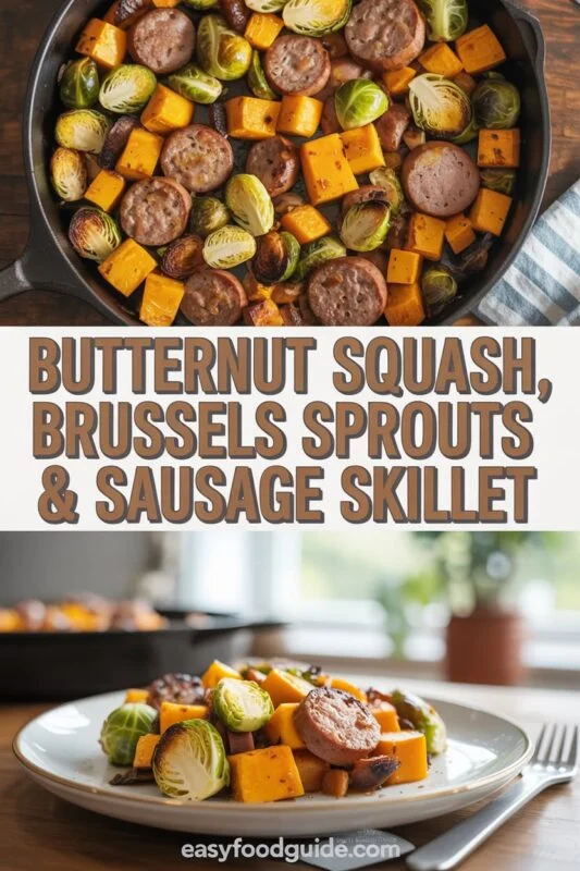 A skillet with roasted butternut squash, Brussels sprouts, and sausage, garnished with herbs, on a wooden table.