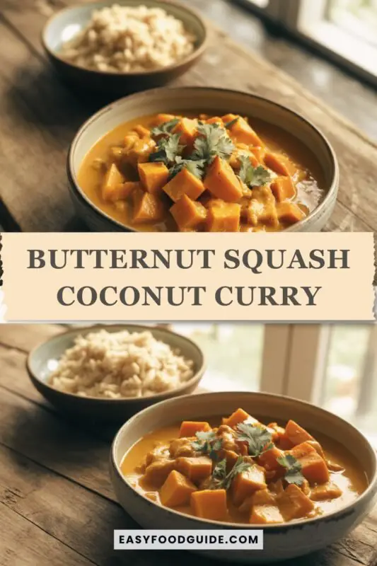 butternut-squash-coconut-curry-1 A bowl of butternut squash coconut curry with cilantro and rice on a wooden table.