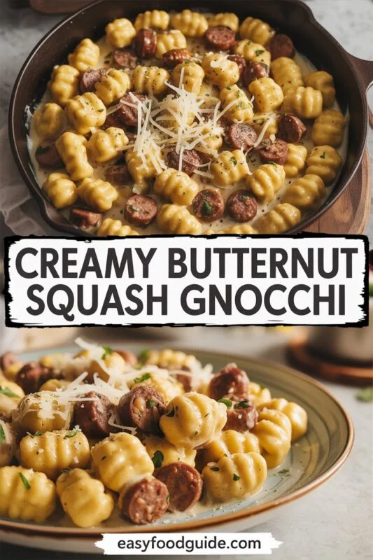 Creamy butternut squash gnocchi with Italian fennel sausage, garnished with parsley, in a rustic bowl on a wooden table.