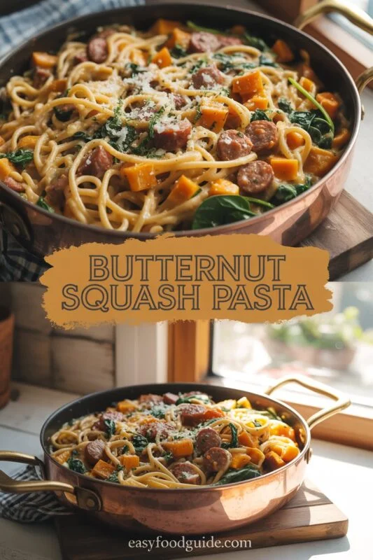 A colorful bowl of butternut squash pasta with sausage and spinach, topped with Parmesan cheese on a rustic table.