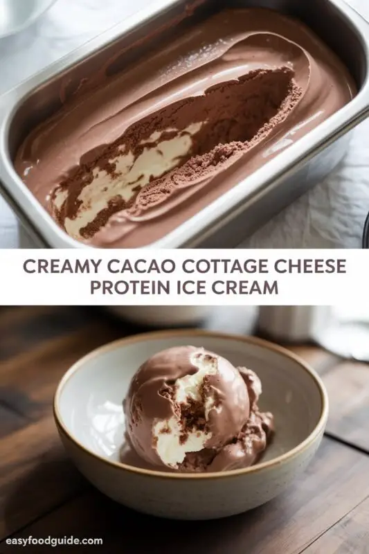 A bowl of chocolate protein ice cream made with cottage cheese, garnished with chocolate shavings and mint.
