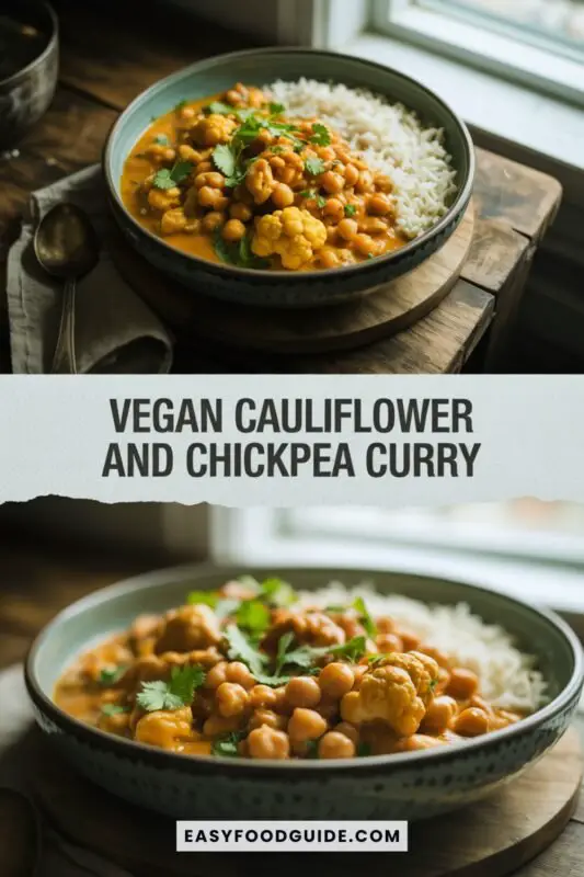 cauliflower-chickpea-curry-1 A bowl of vegan cauliflower and chickpea curry with cilantro and rice on a rustic table.