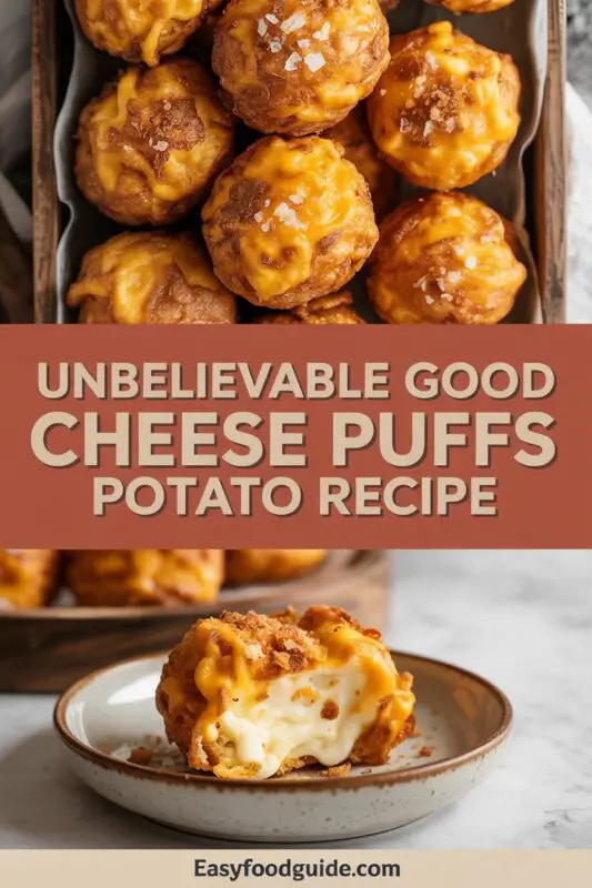 Golden cheesy mashed potato puffs on a plate, garnished with herbs, with a bowl of dipping sauce.