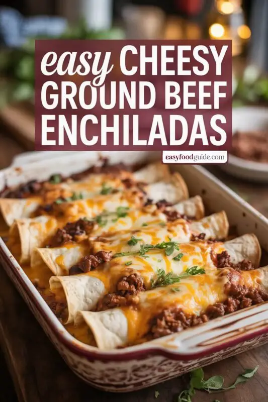 Cheesy ground beef enchiladas topped with melted cheese and cilantro, served with red sauce and garnishes.