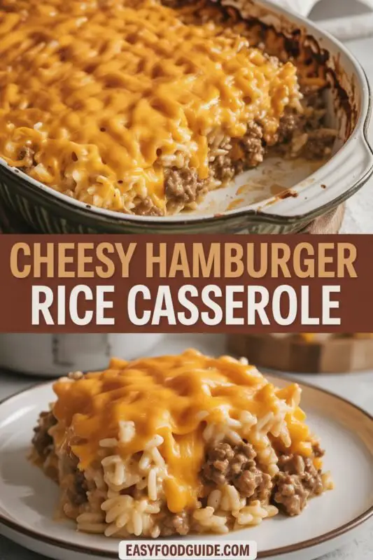 A hearty Cheesy Hamburger Rice Casserole with melted cheese, ground beef, and rice, garnished with parsley in a rustic dish.
