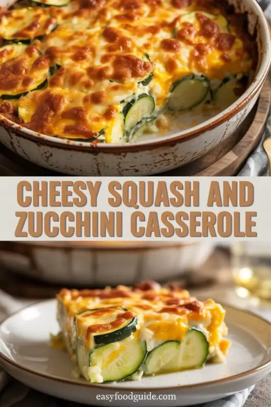 A golden Cheesy Squash and Zucchini Casserole with crispy topping, served in a rustic dish, surrounded by fresh vegetables.