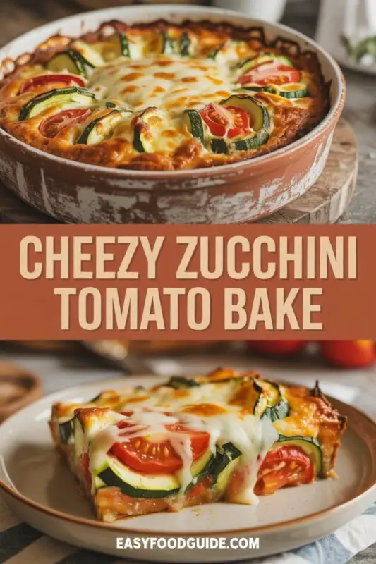 A hearty Cheesy Zucchini Tomato Bake with layers of zucchini and tomatoes topped with melted cheese, garnished with basil on a rustic table.