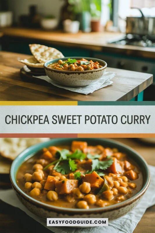 chickpea-sweet-potato-curry-1 A bowl of Chickpea Sweet Potato Curry with sweet potatoes and chickpeas, garnished with cilantro, served with rice and naan.