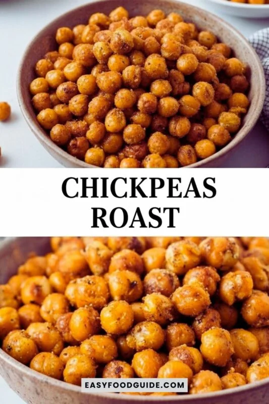 chickpeas-roast-1 Crispy roasted chickpeas seasoned with sea salt and paprika on a rustic tray.