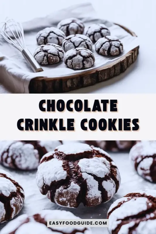 chocolate-crinkle-cookies-1 A tray of chocolate crinkle cookies dusted with powdered sugar, styled with cocoa powder and a whisk.