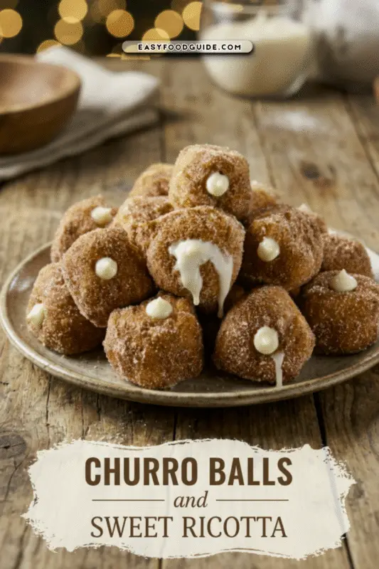 A rustic plate piled high with golden-brown bite-sized churro balls, each coated in cinnamon sugar and filled with creamy ricotta, set on a wooden table with blurred lights and bowls in the background.