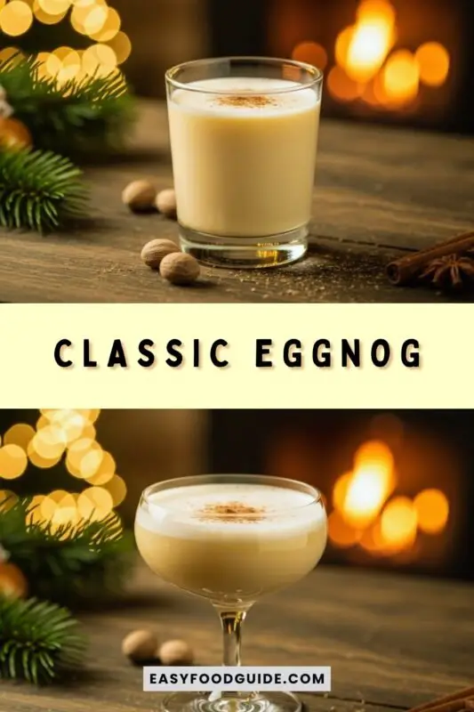 classic-eggnog-3 A glass of Classic Eggnog with nutmeg garnish on a festive table with holiday decorations.
