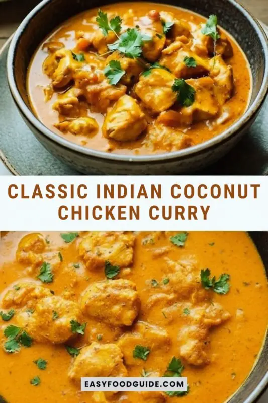 classic-indian-coconut-chicken-curry-1 A bowl of coconut chicken curry with cilantro, served with rice and naan on a rustic table.