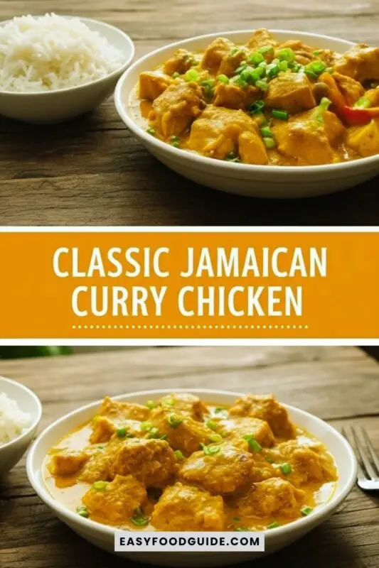 classic-jamaican-curry-chicken-1 A plate of Jamaican Curry Chicken with rice and vegetables, garnished with green onions.