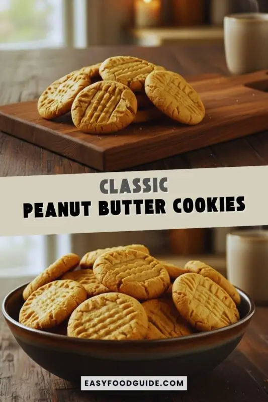 classic-peanut-butter-cookies-1 Golden brown peanut butter cookies with crisscross fork marks on a rustic plate.