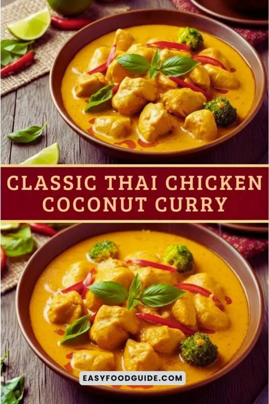 classic-thai-chicken-coconut-curry-1 A bowl of Thai Chicken Coconut Curry with chicken, vegetables, and jasmine rice on a rustic table.
