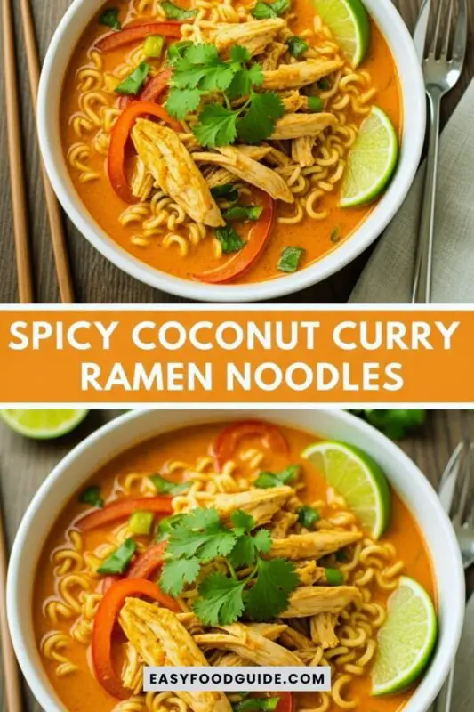 coconut-curry-ramen-1 A bowl of spicy coconut curry ramen noodles with vegetables, protein, cilantro, and lime on a wooden table.
