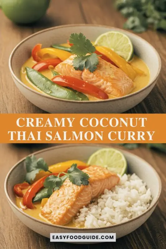 coconut-thai-salmon-curry-1 A bowl of creamy coconut Thai salmon curry with salmon, bell peppers, and snap peas, served over rice, garnished with cilantro and lime.